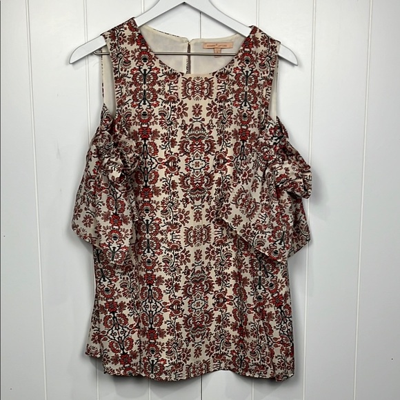 Gibson & Larimer Womens Top/Tunic L Orange/Cream Cold Shoulder Ruffles Unique - Picture 1 of 14